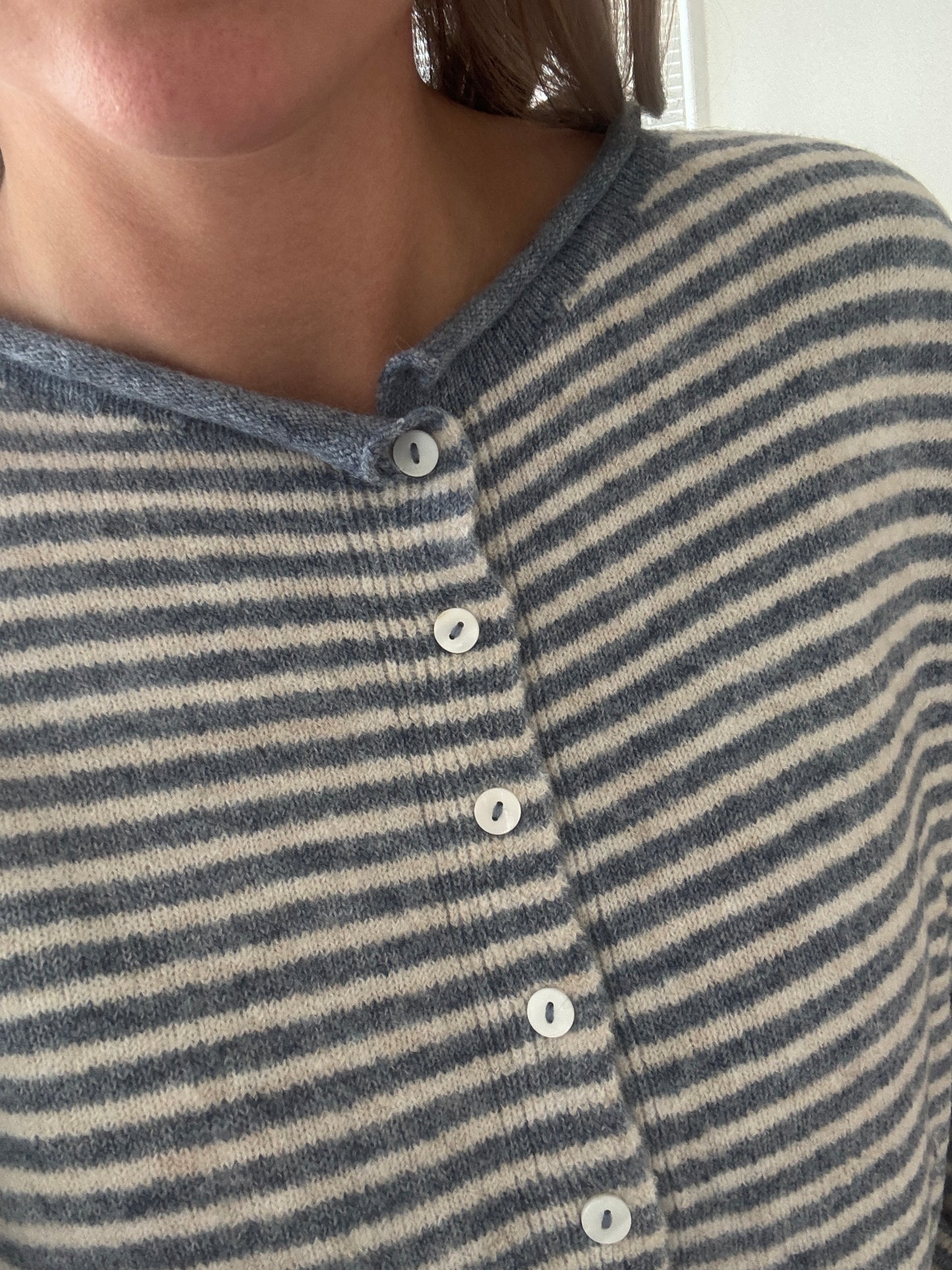 Stripe Raw Edge Knit Cardigan - Dusty Blue + White