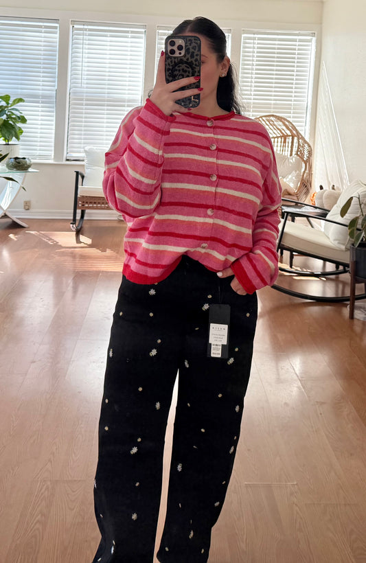 Multi Striped Knit Cardigan - Pink