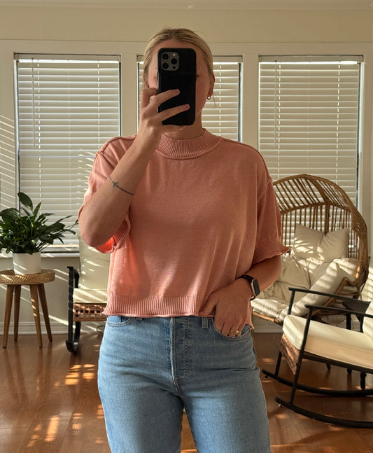 Mock Neck Short Sleeve Sweater - Coral