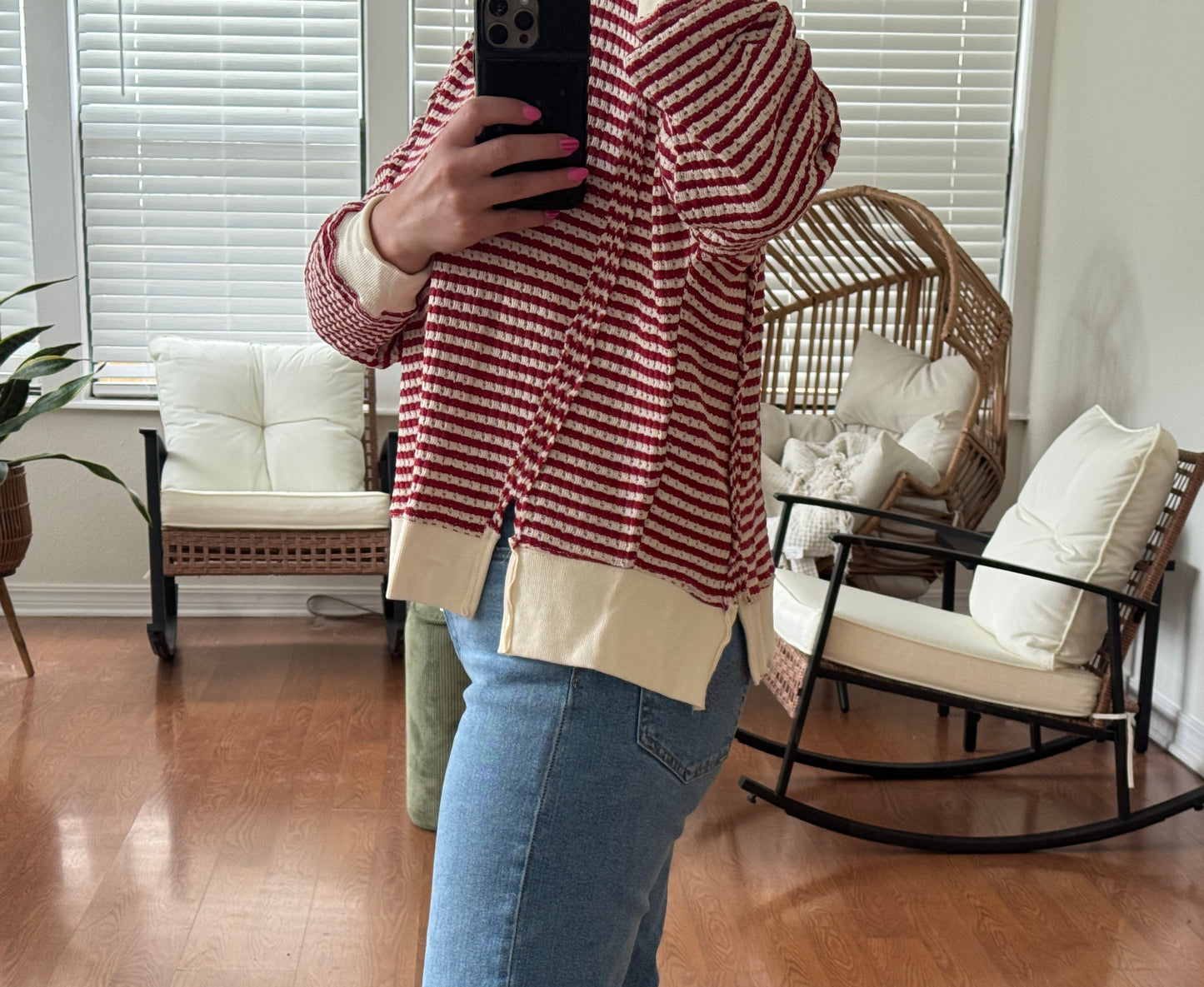 Striped Split Hem Knit Top - Red + Cream