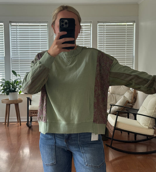 Patchwork Print Mineral Wash Top - Green
