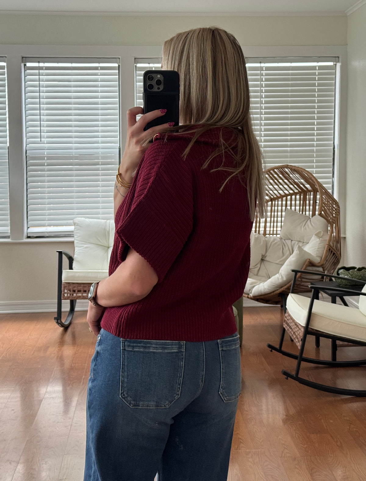 1/4 Zip Knit Short Sleeve Sweater - Burgundy
