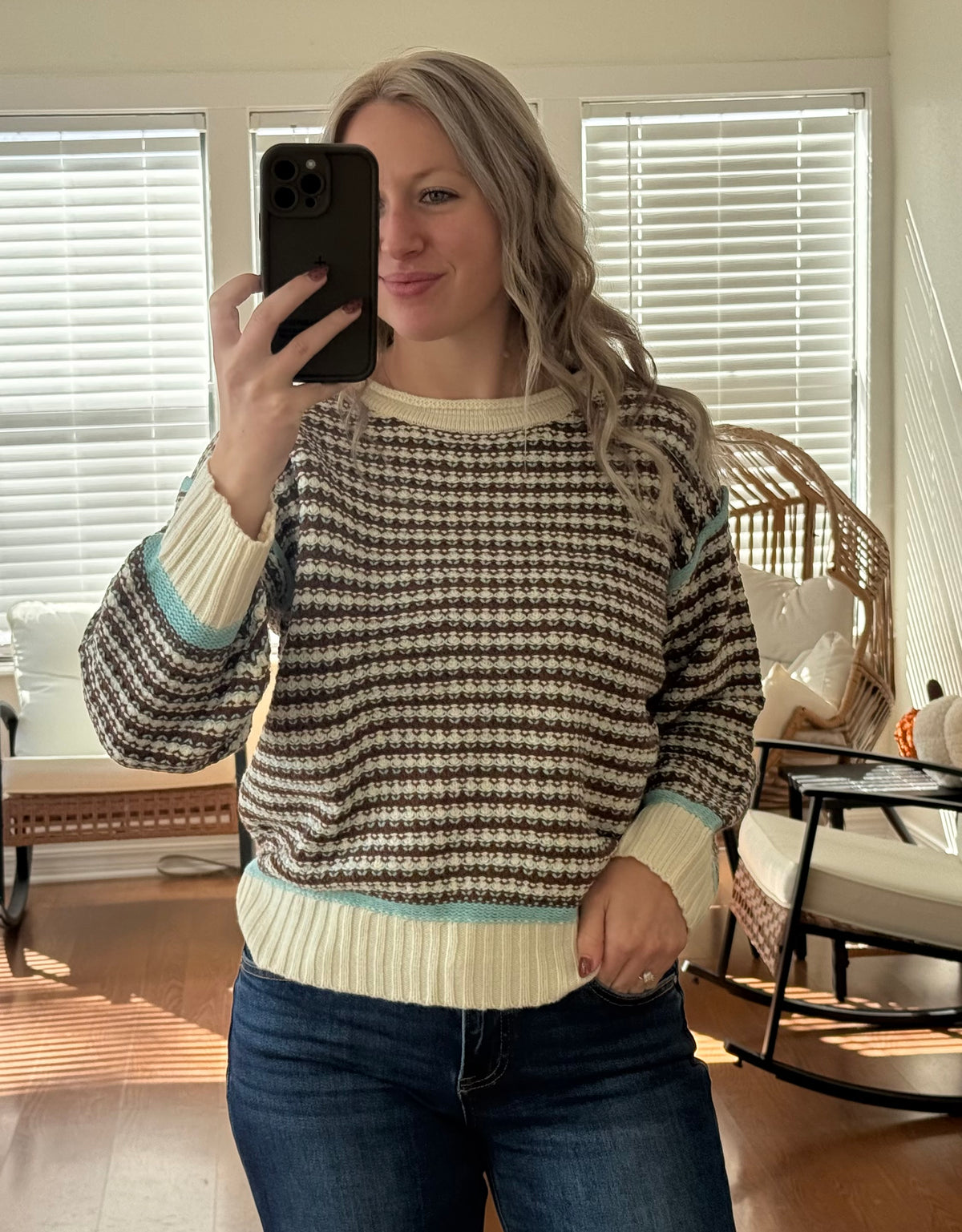 Striped Crochet Contrast Sweater - Blue + Brown