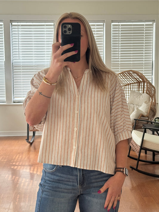 Striped Button Down Short Sleeve Blouse - Tan