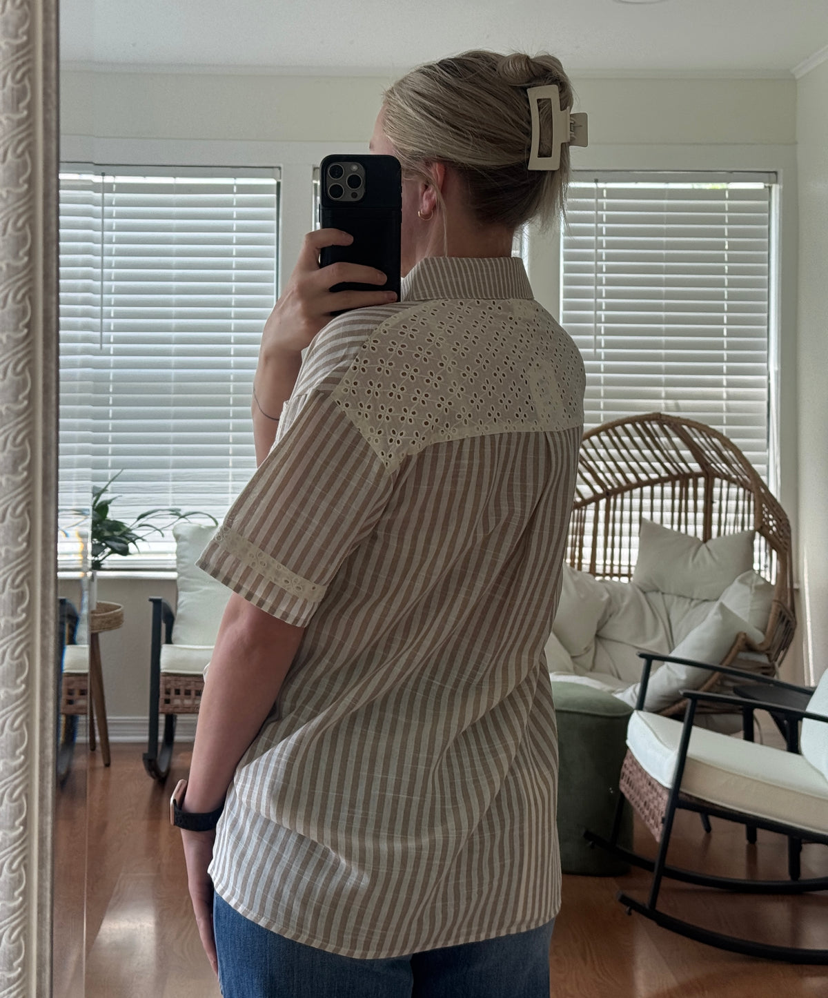 Striped Eyelet Button Blouse - Taupe