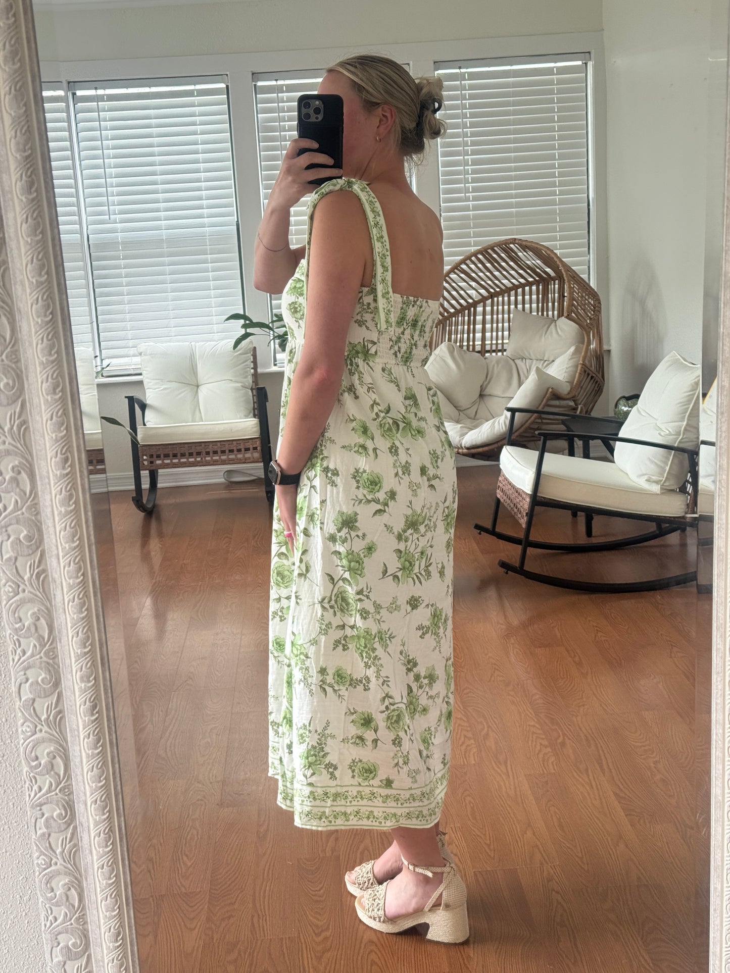 Floral Tie Strap Midi Dress - Green