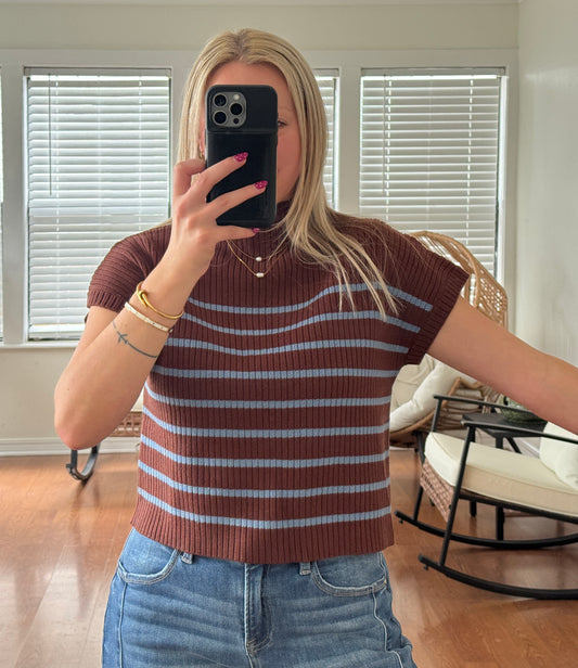 Striped Mock Neck SS Sweater - Brown + Blue