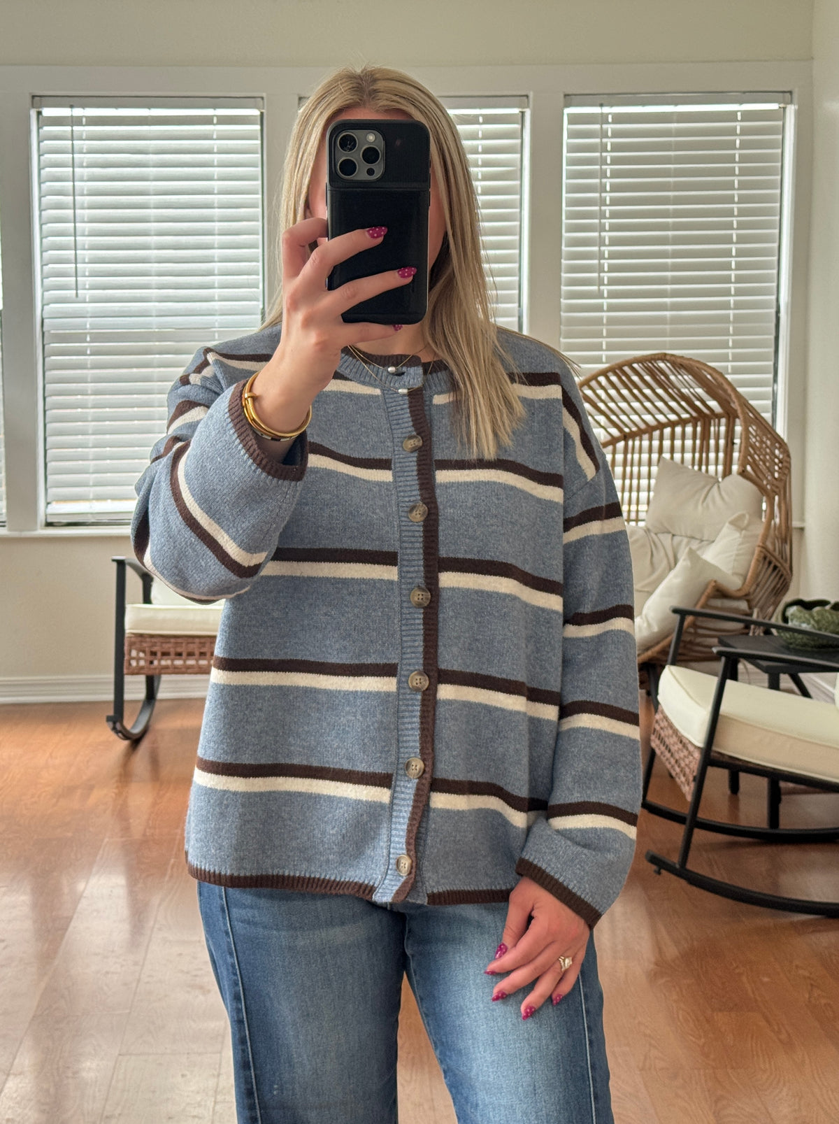 Striped Button Down Knit Cardigan - Blue + Brown