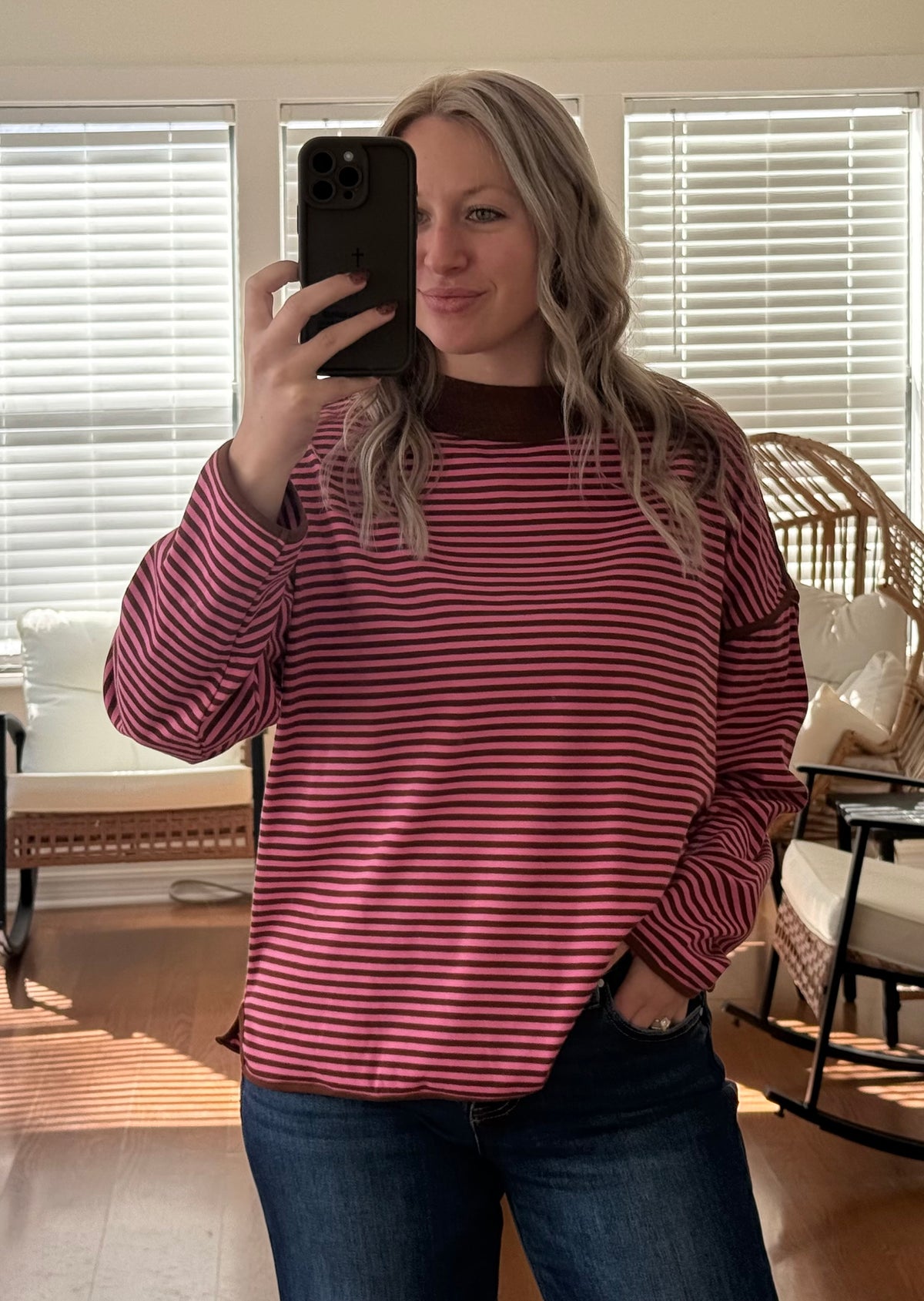 Oversized Contrast Trim Striped Top - Pink + Brown