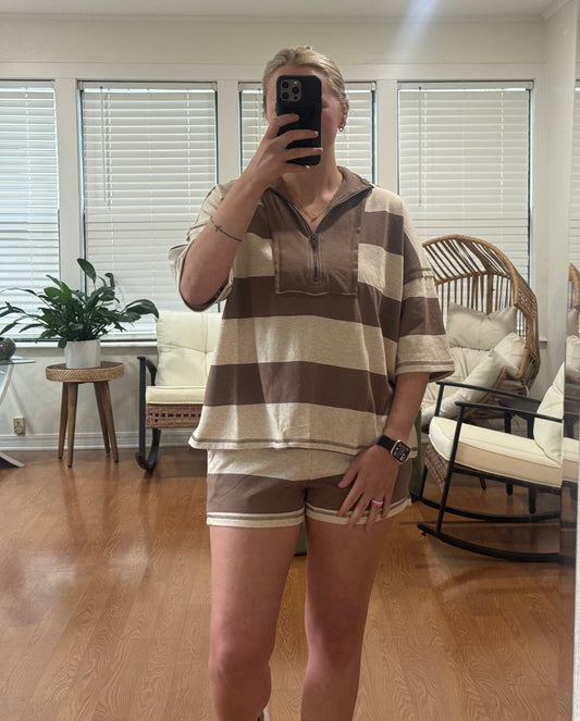 Striped Half Zip Top & Shorts Set - Mocha