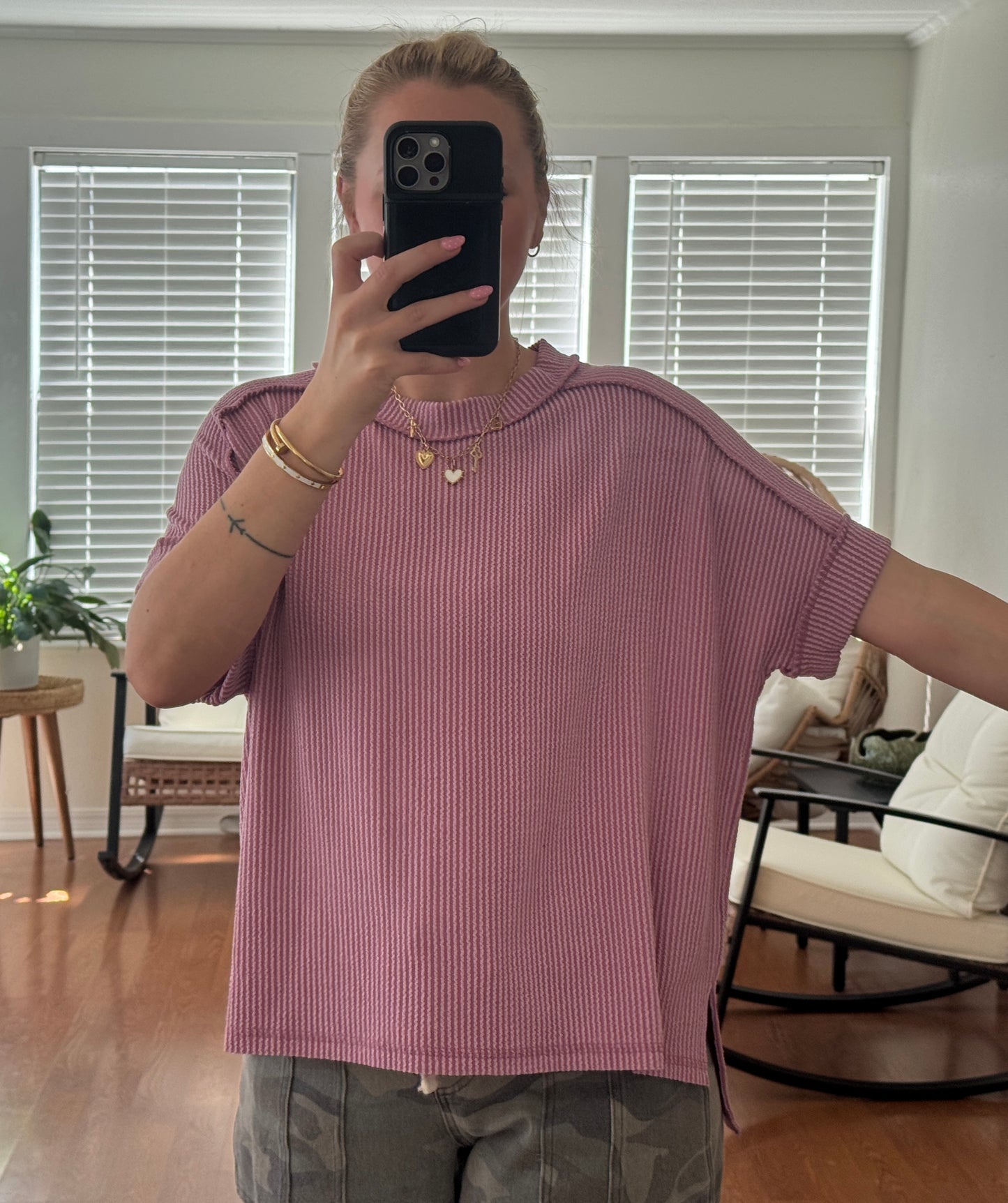 Ribbed Short Sleeve Tee - Light Rose