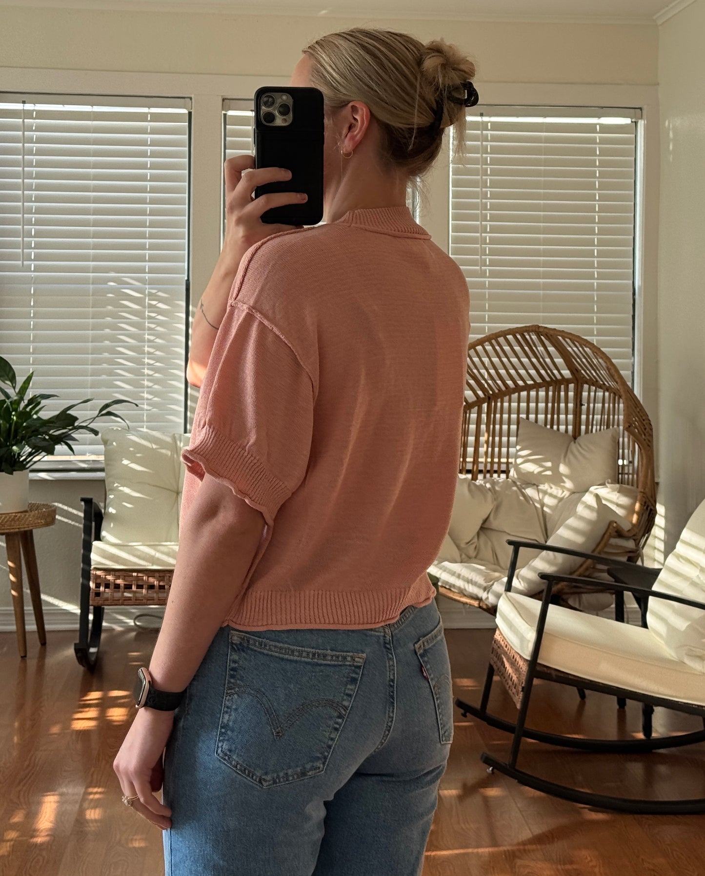 Mock Neck Short Sleeve Sweater - Coral