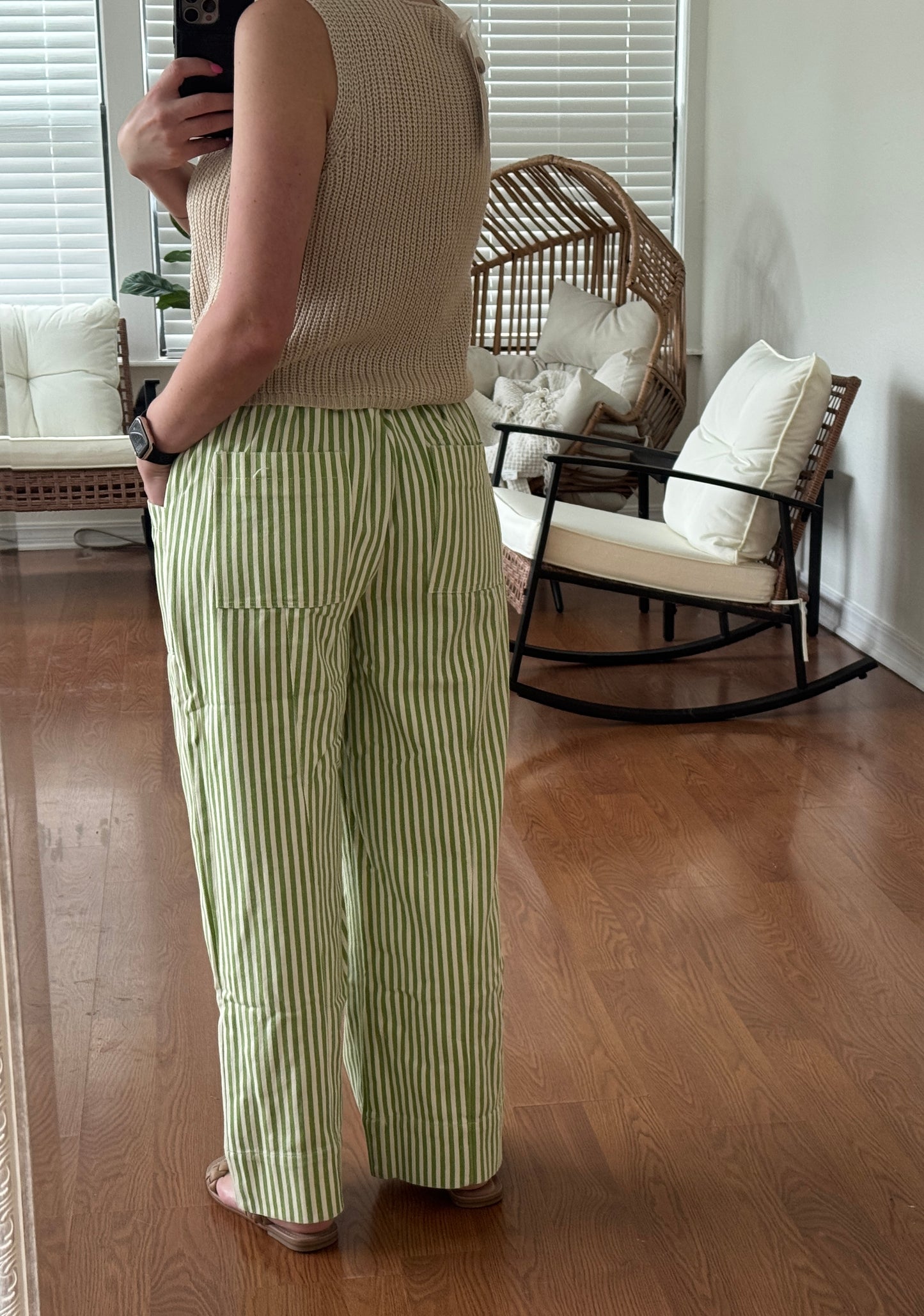 Striped Wide Leg Pants - Sage + Cream