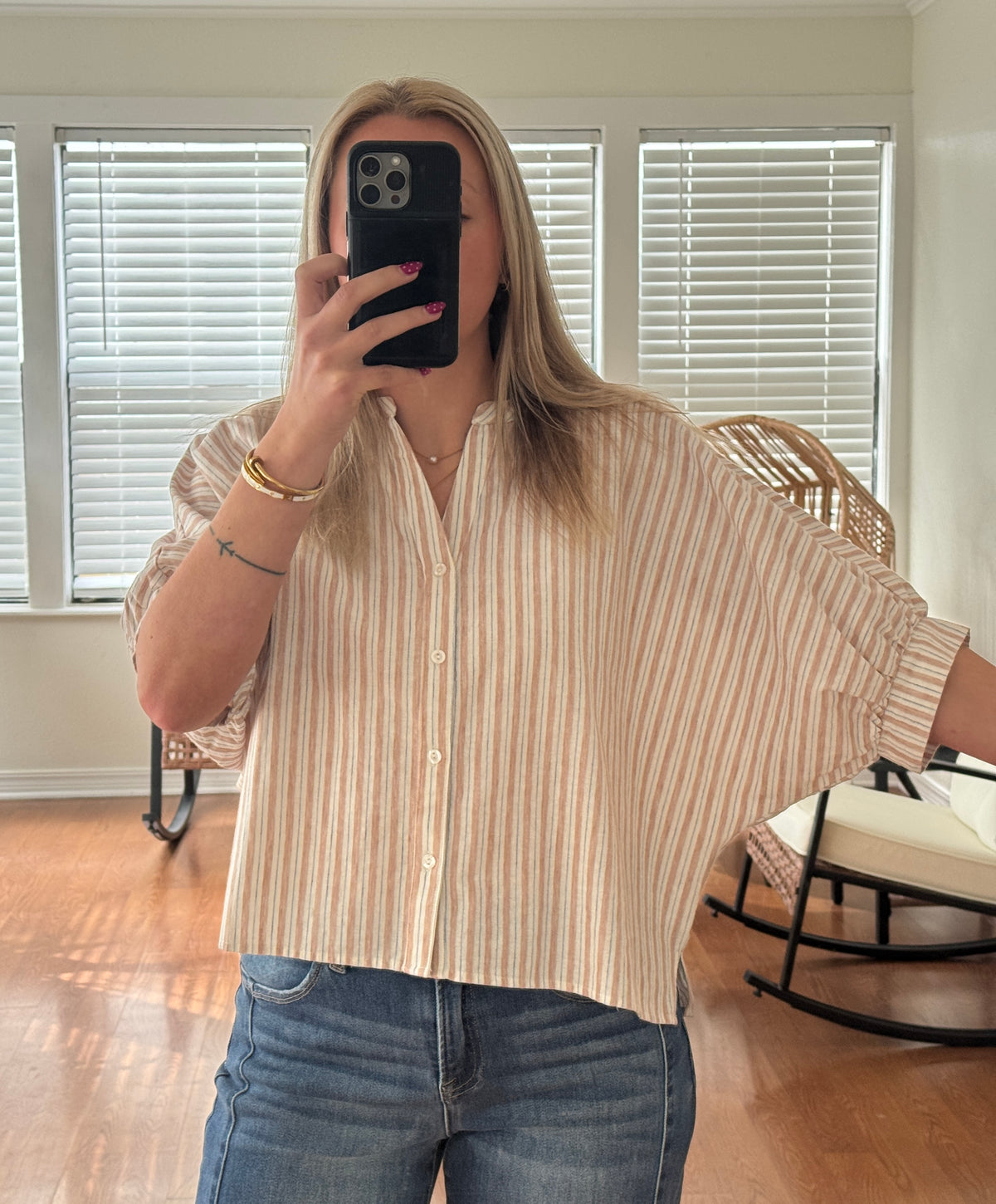 Striped Button Down Short Sleeve Blouse - Tan