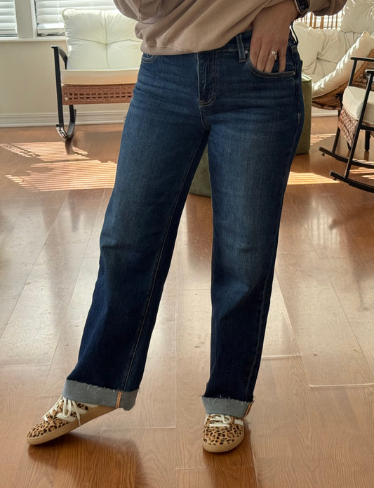 Mid Rise Cuffed Ankle Straight Leg Jeans