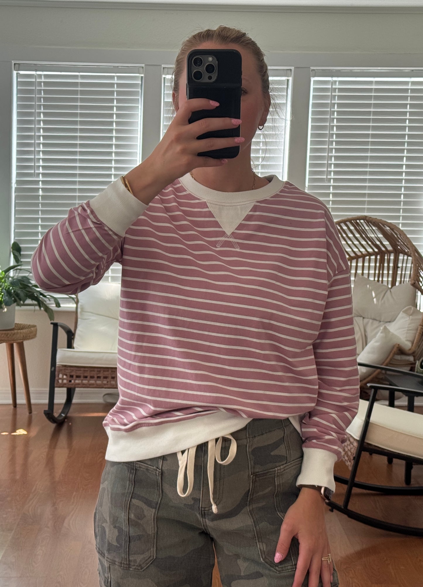 Striped Long Sleeve Pullover - Light Rose