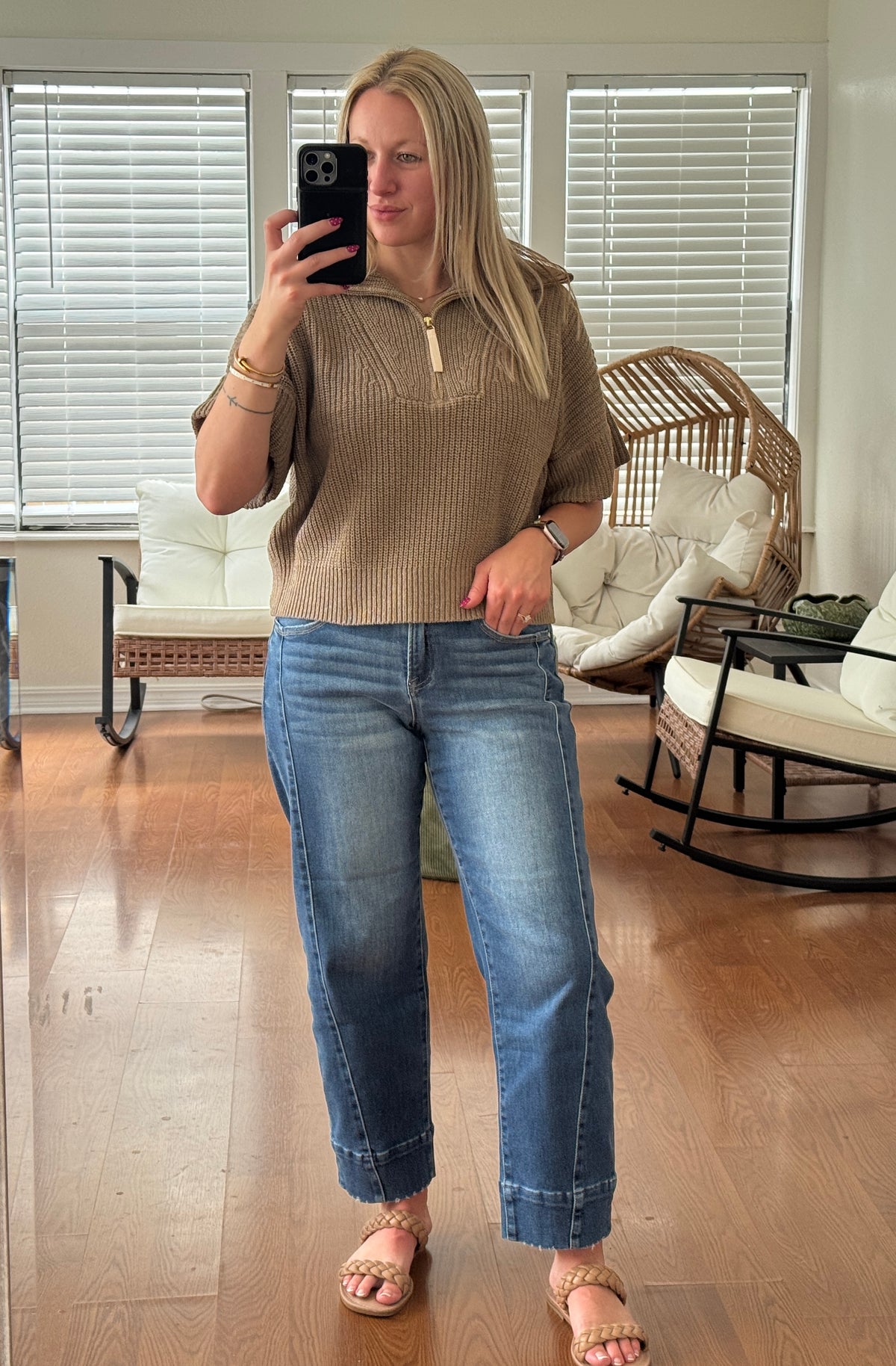1/4 Zip Knit Short Sleeve Sweater - Mocha