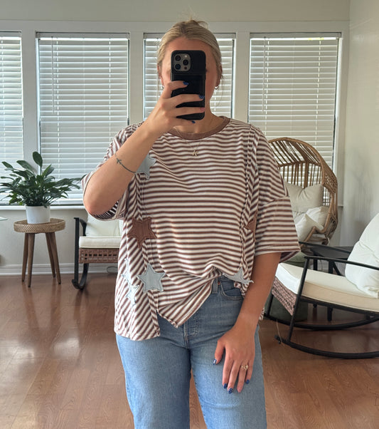 Striped Star Detailing Terry Cloth Top - Brown + Blue
