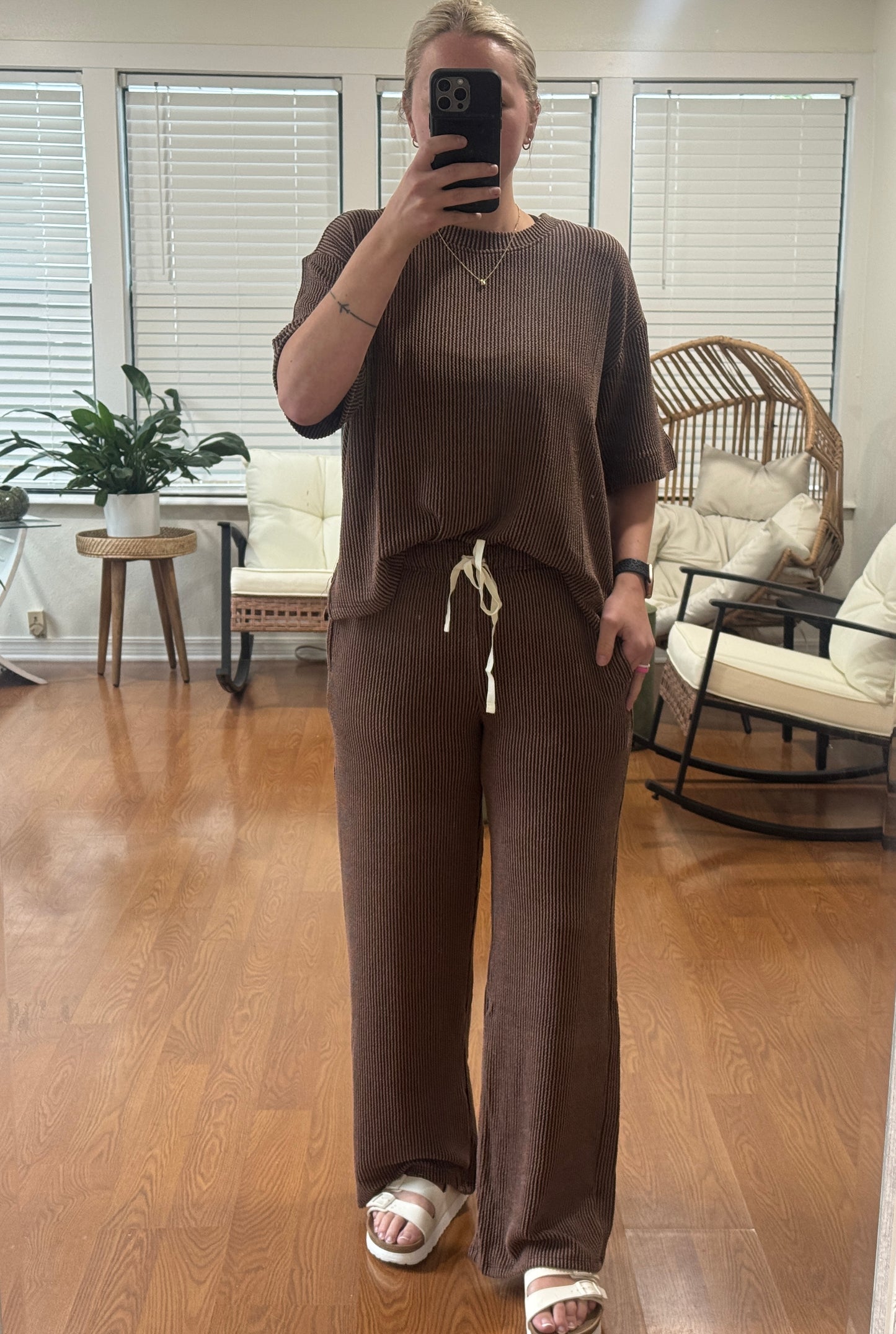 Ribbed Pants Matching Set - Brown