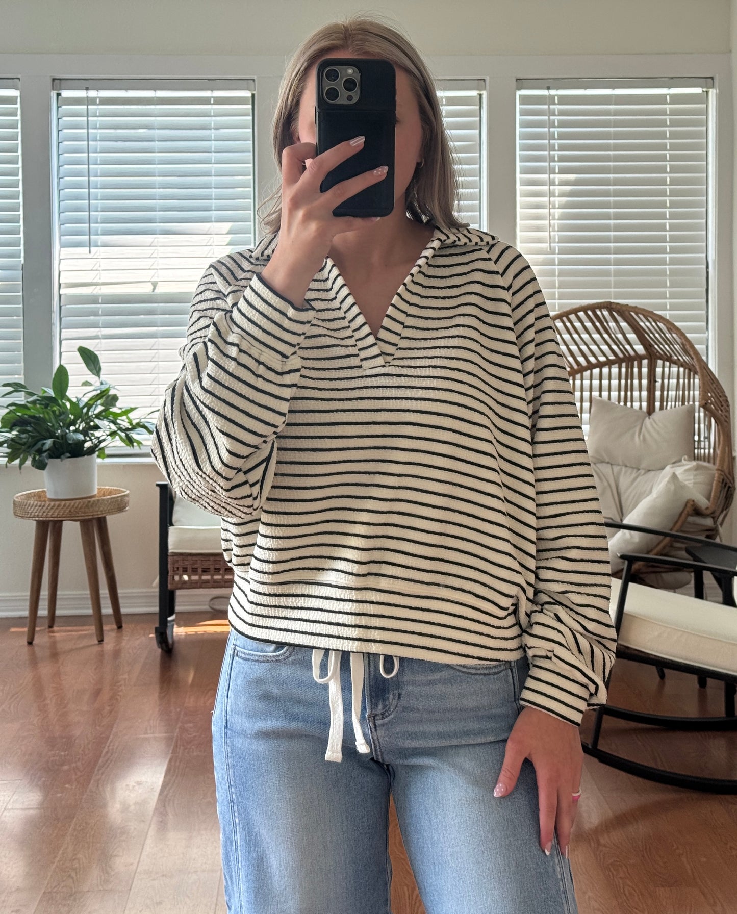 Striped Collared Sweatshirt - White + Black
