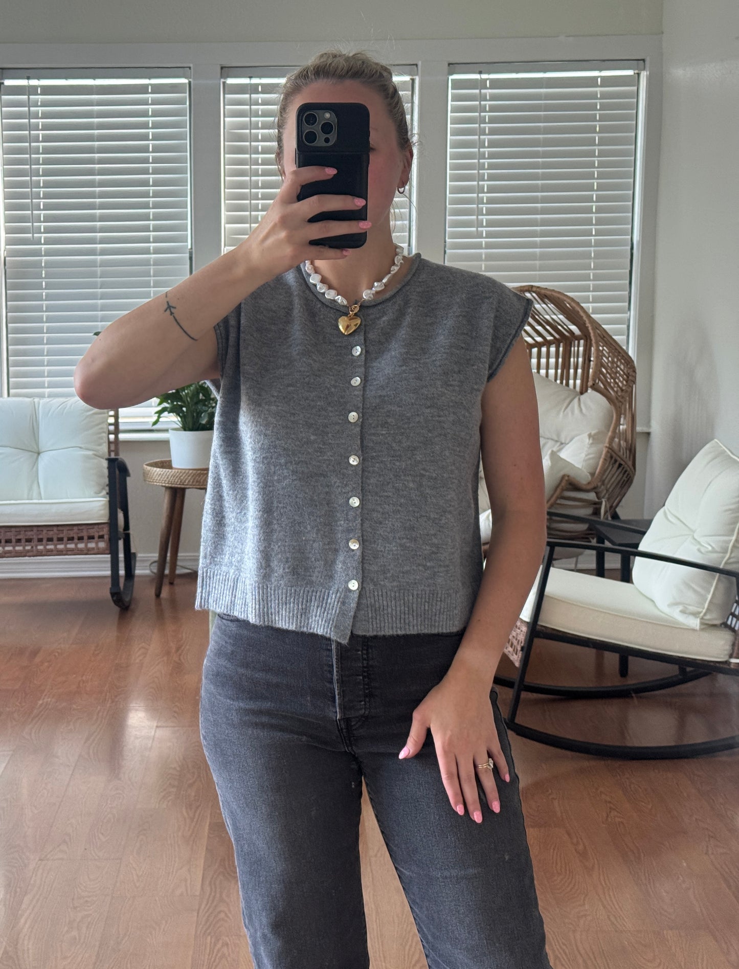 Sleeveless Button Front Cardigan - Dark Gray