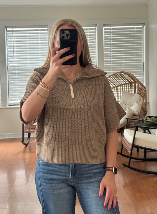 1/4 Zip Knit Short Sleeve Sweater - Mocha