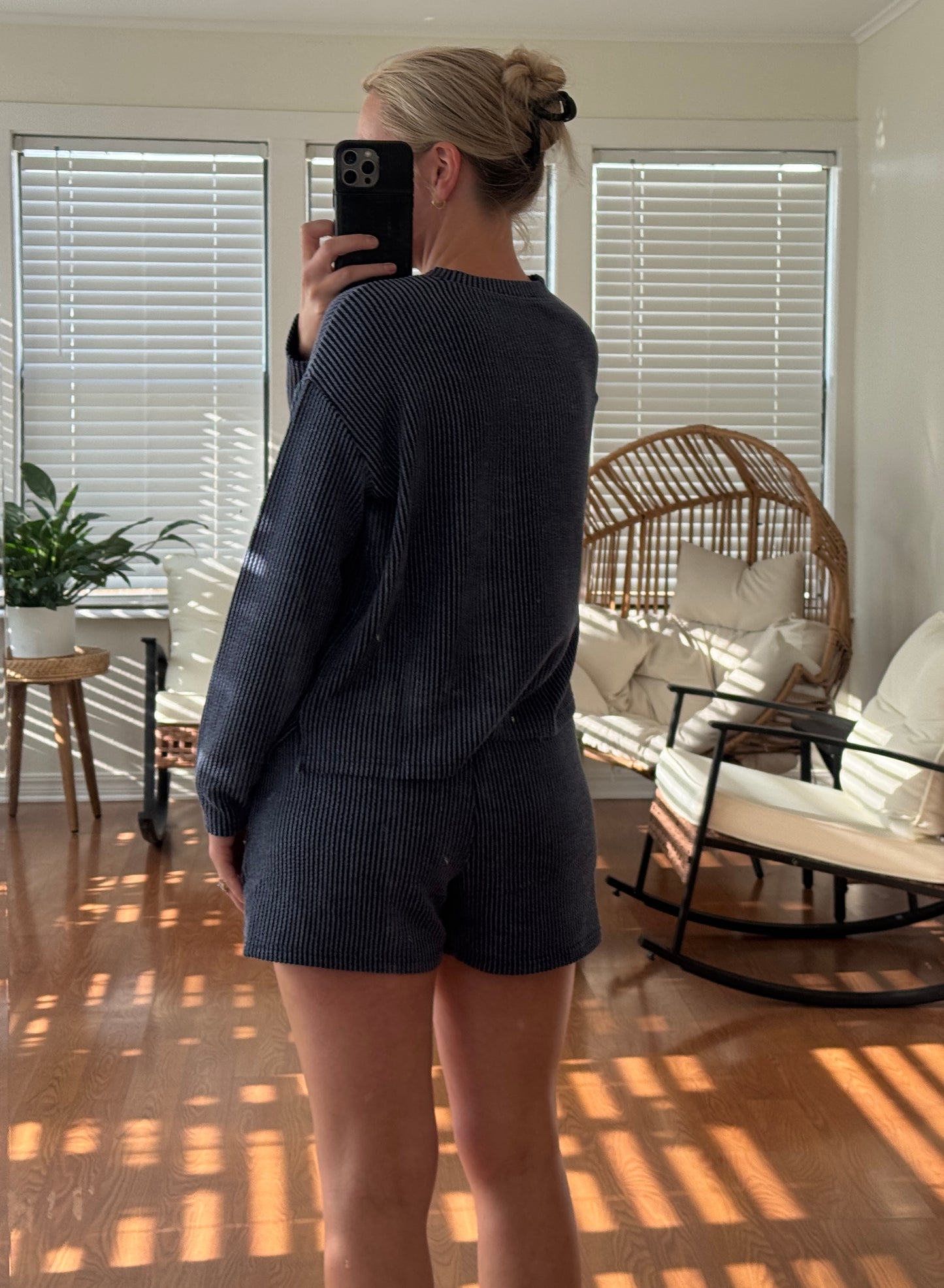 Ribbed LS/Shorts Matching Set - Navy Blue