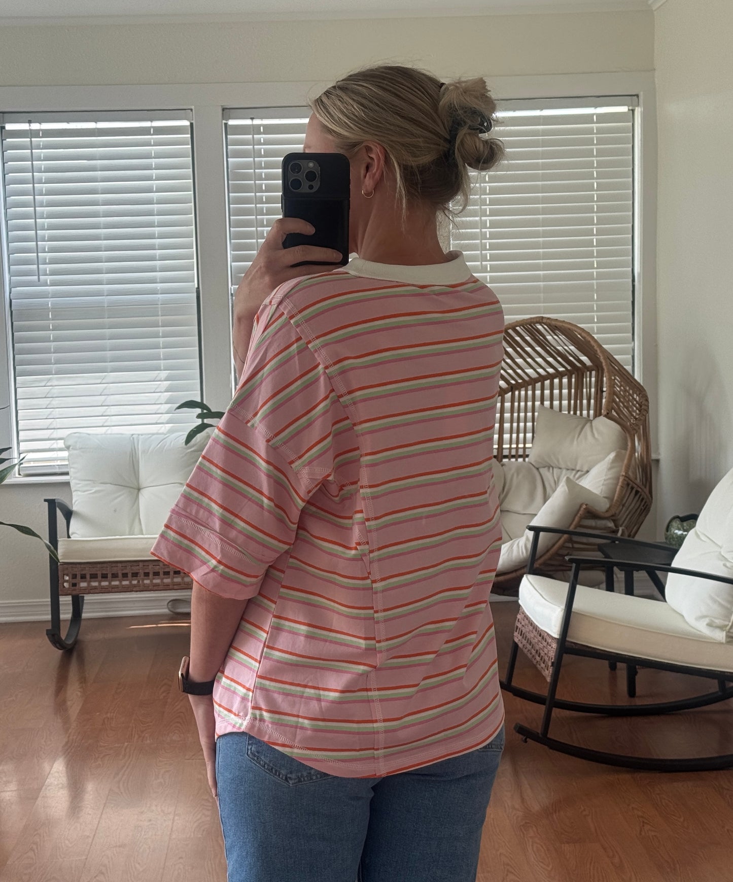 Striped Oversized Knit Tee - Pink
