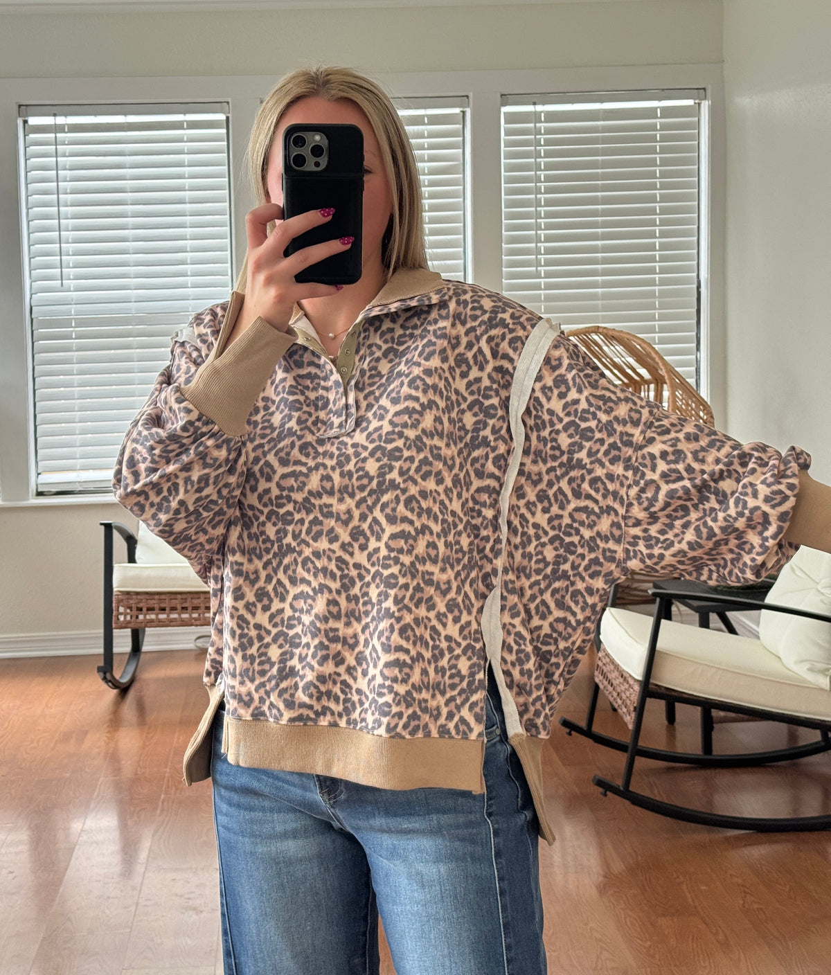 Leopard Button Collar Pullover - Tan + Gray