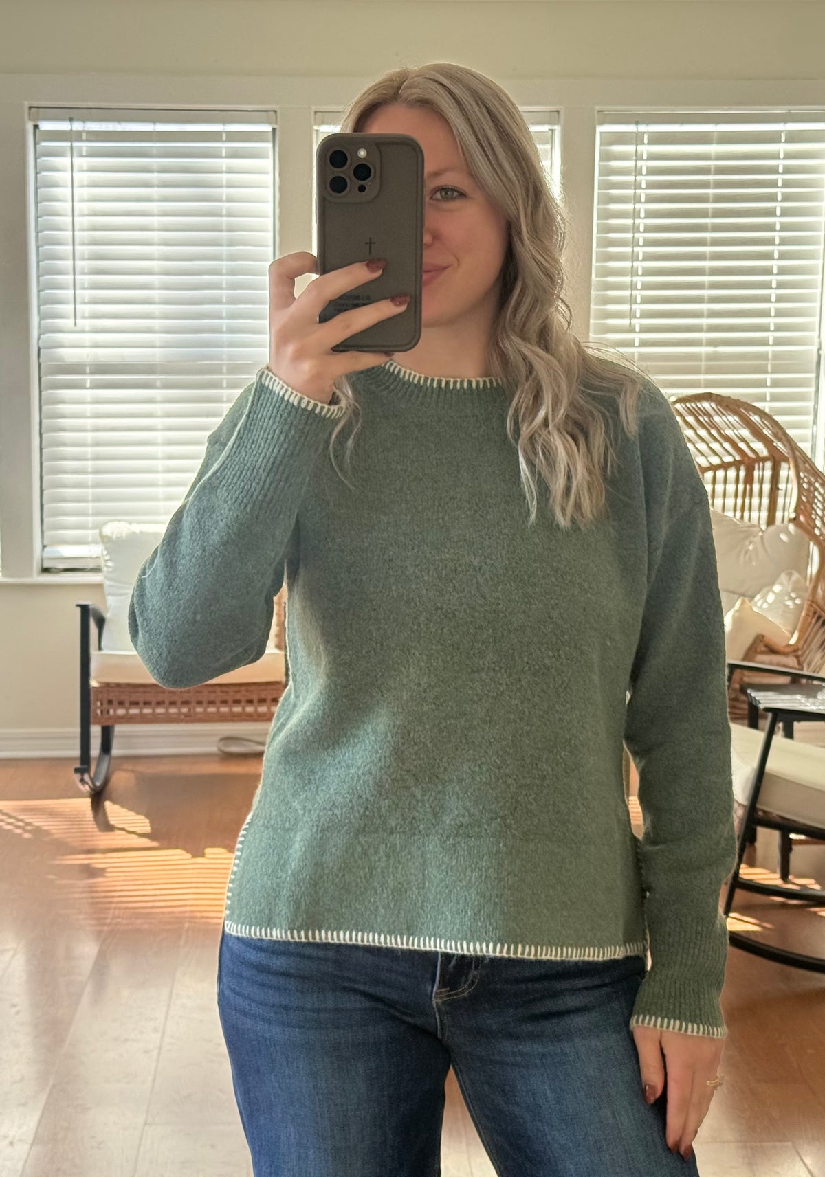 Contrast Stitch Wool Sweater - Green