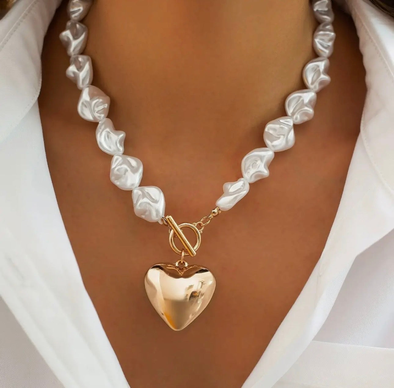 Pearl Beaded Heart Necklace - Gold