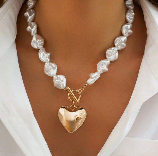 Pearl Beaded Heart Necklace - Gold