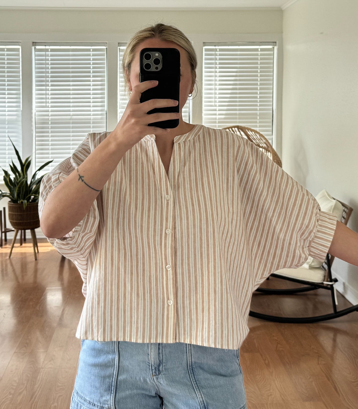 Striped Button Down Short Sleeve Blouse - Tan