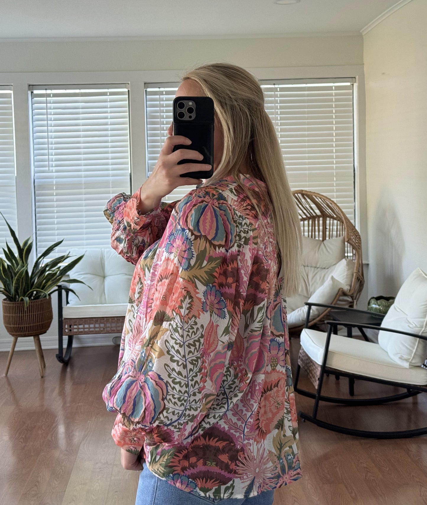 Floral Sheer Button Down Long Sleeve Blouse - Pink