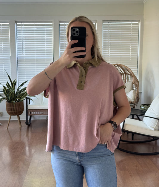 Collared Boxy Short Sleeve Top - Pink + Brown