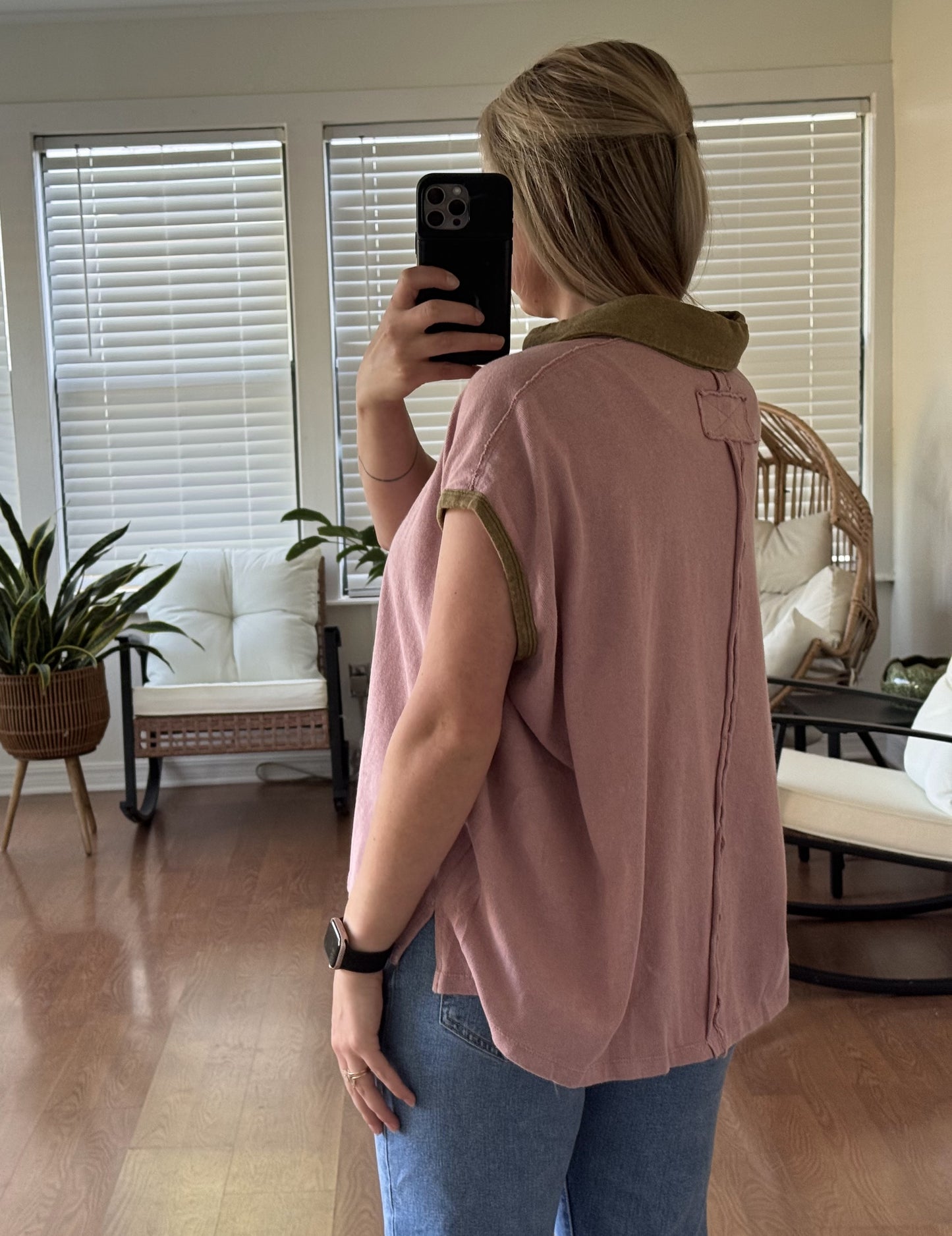 Collared Boxy Short Sleeve Top - Pink + Brown