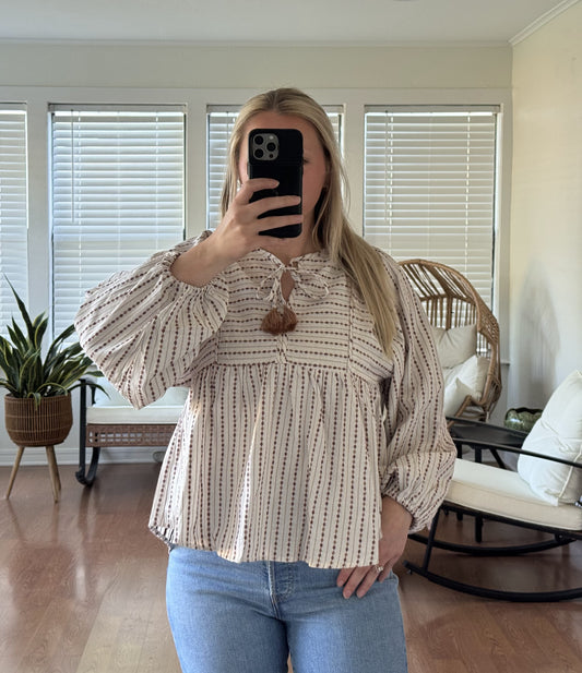 Boho Peasant Long Sleeve Blouse - Cream + Brown
