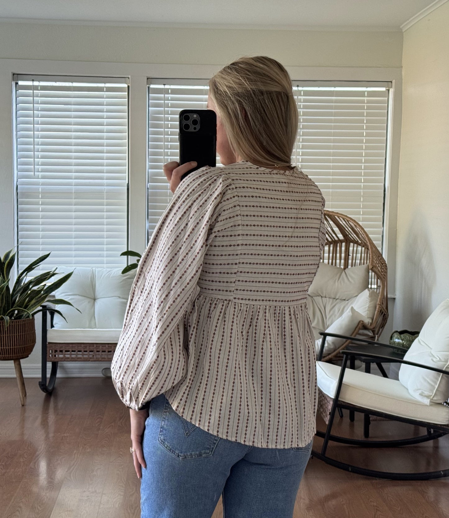 Boho Peasant Long Sleeve Blouse - Cream + Brown