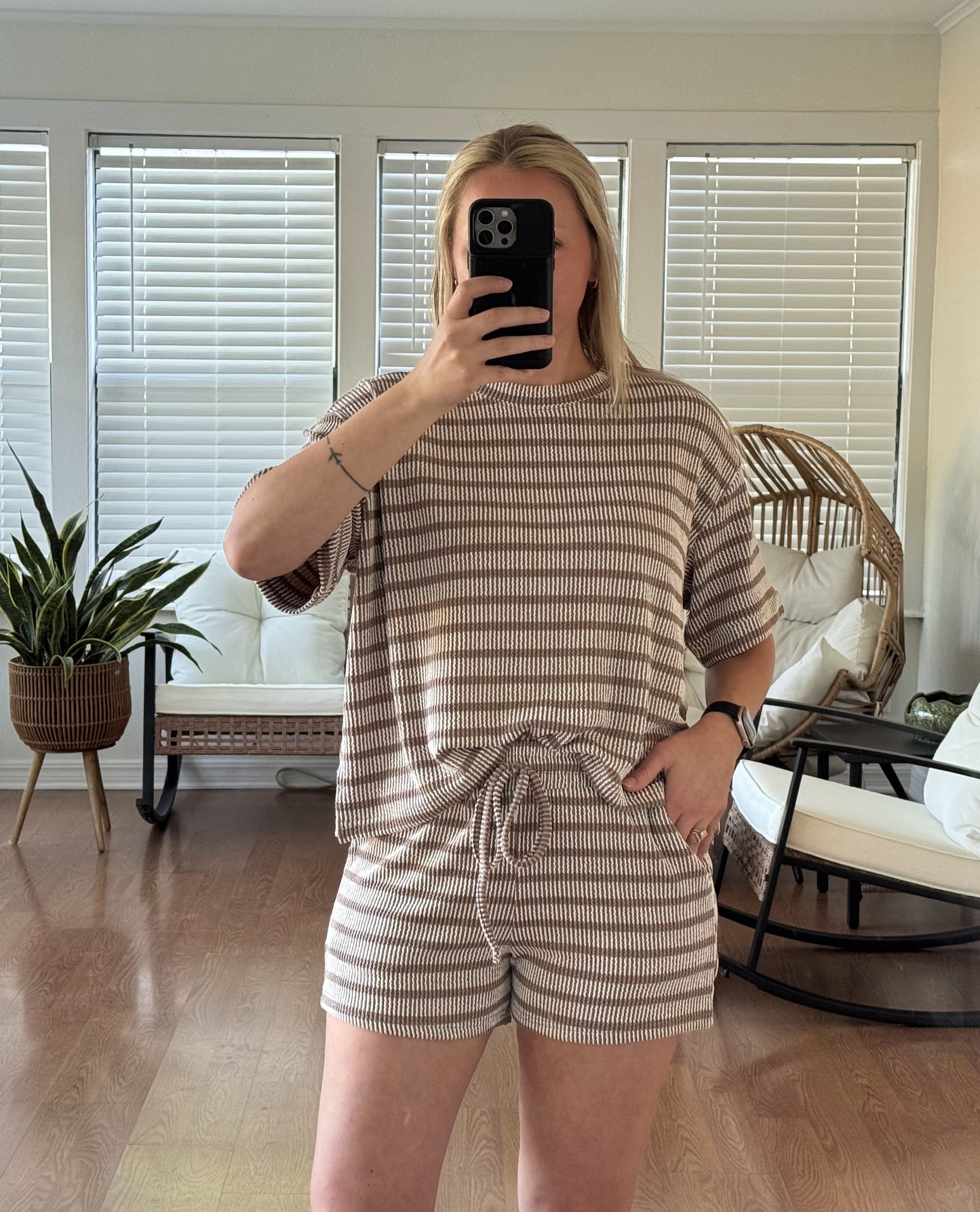 Ribbed Thick Stripes Matching Set - Beige