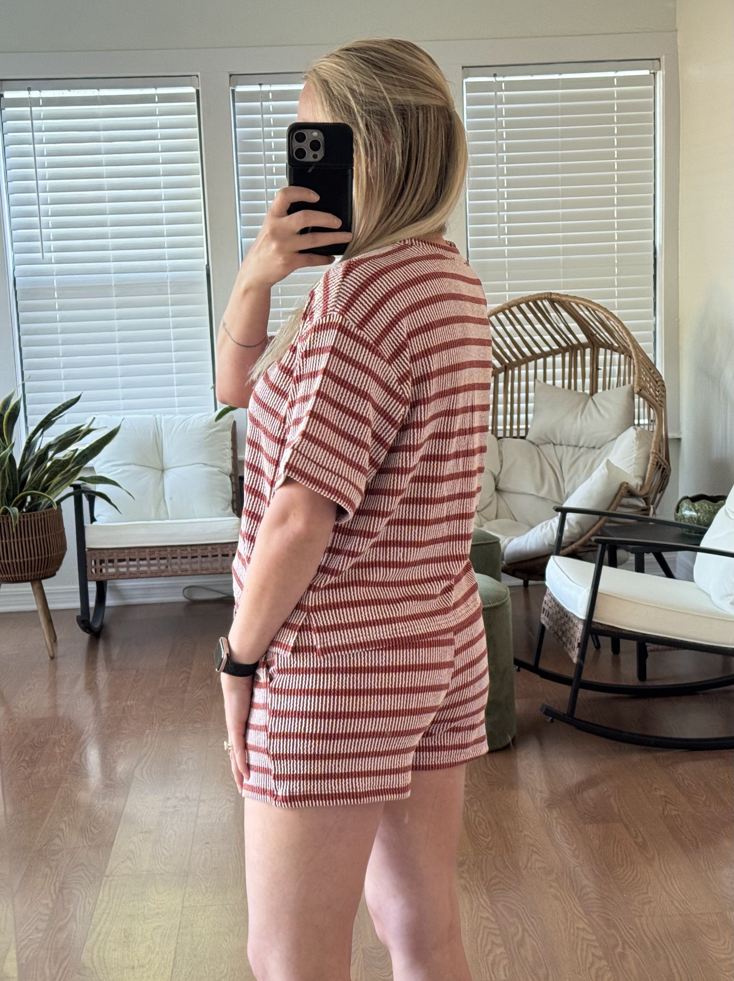 Ribbed Thick Stripes Matching Set - Rust