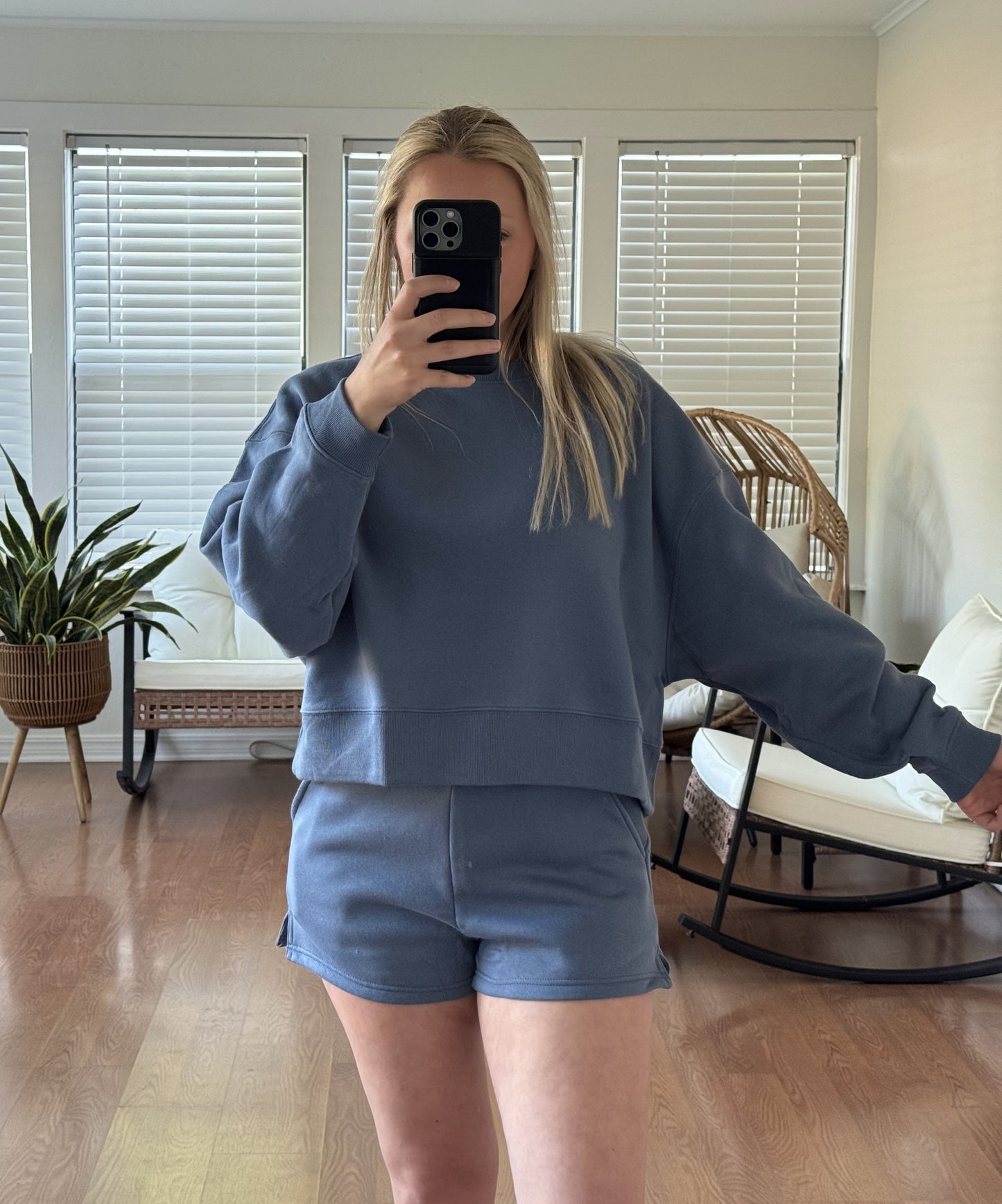 Fleece Long Sleeve Pullover & Shorts Set - Dusty Blue
