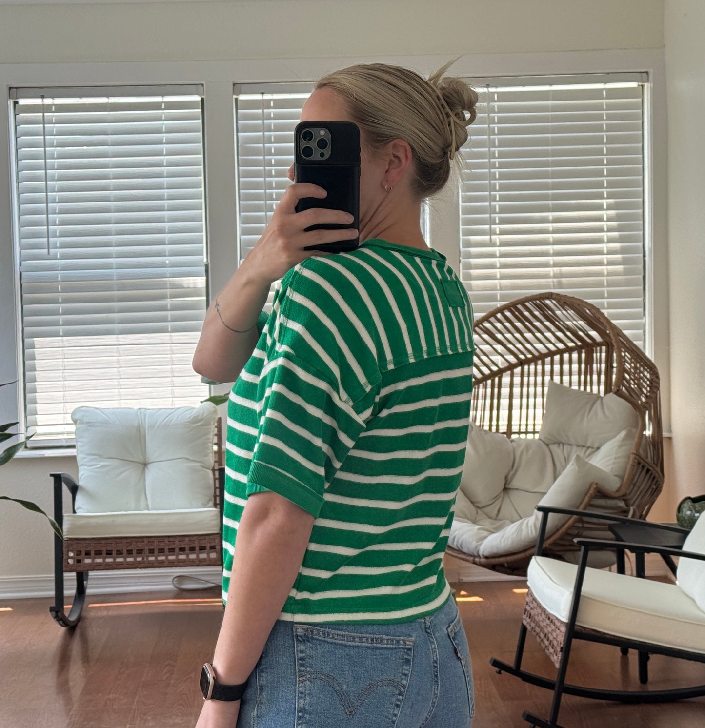 Striped Terry Cloth Short Sleeve Top - Green + White