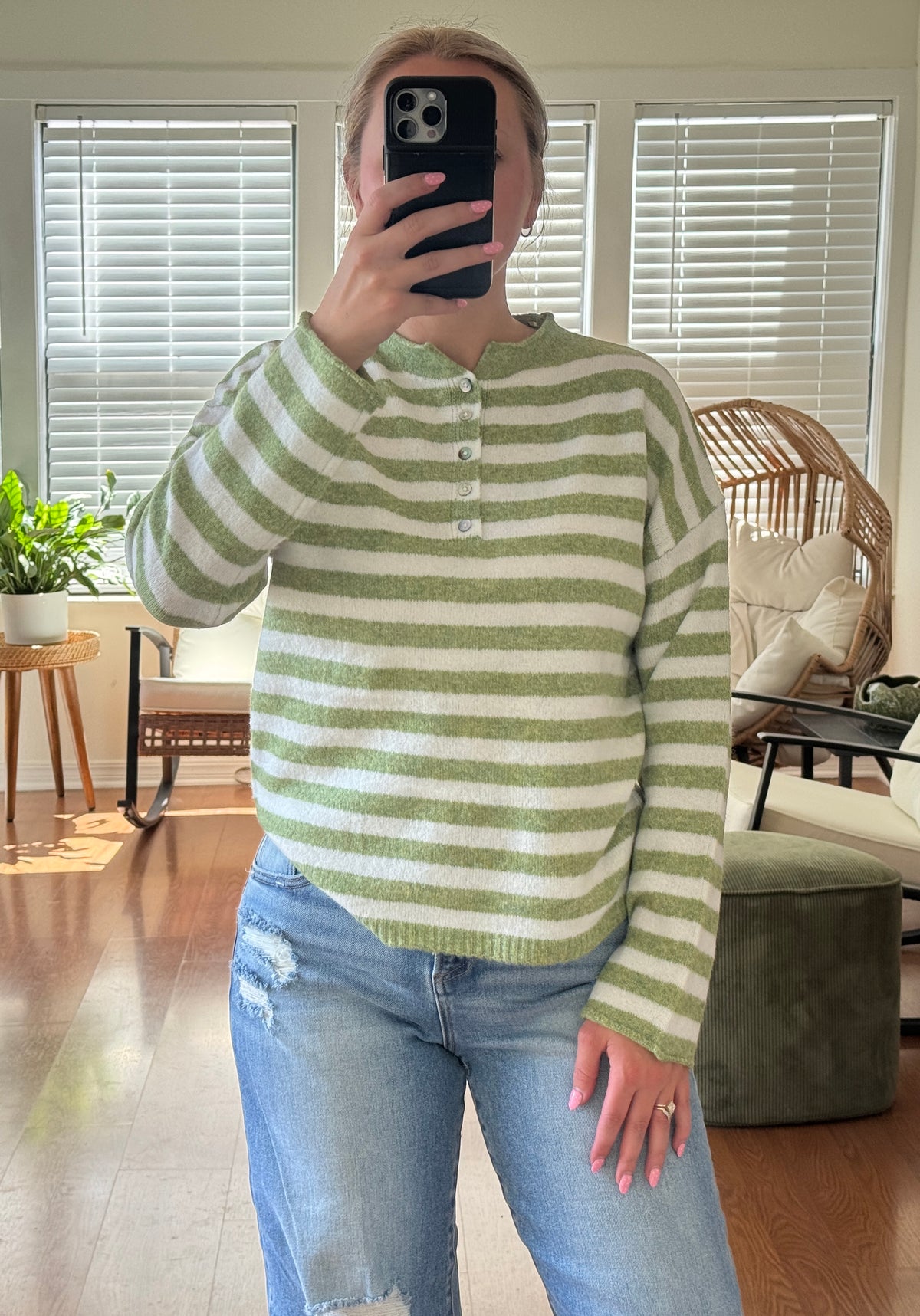 Striped Henley Button Sweater - Green