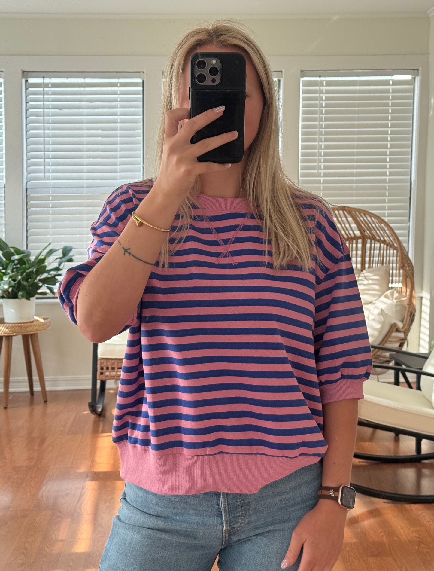 Striped Contrast Trim Top - Pink & Royal Blue