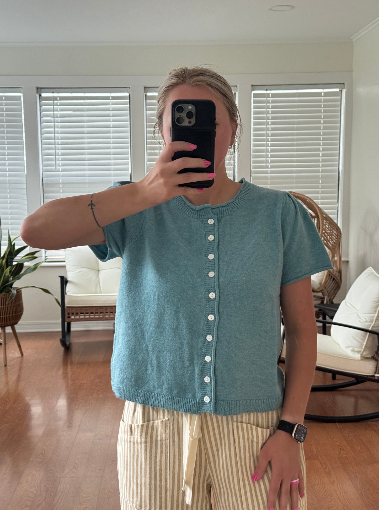 Puff Short Sleeve Cardigan Sweater - Sapphire Blue