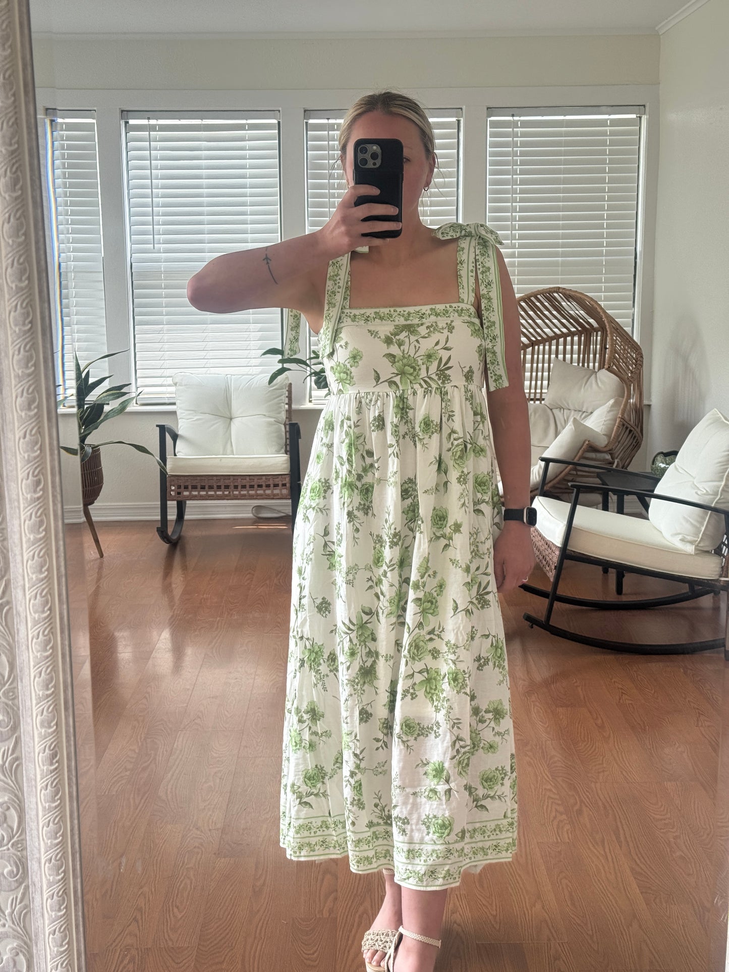 Floral Tie Strap Midi Dress - Green