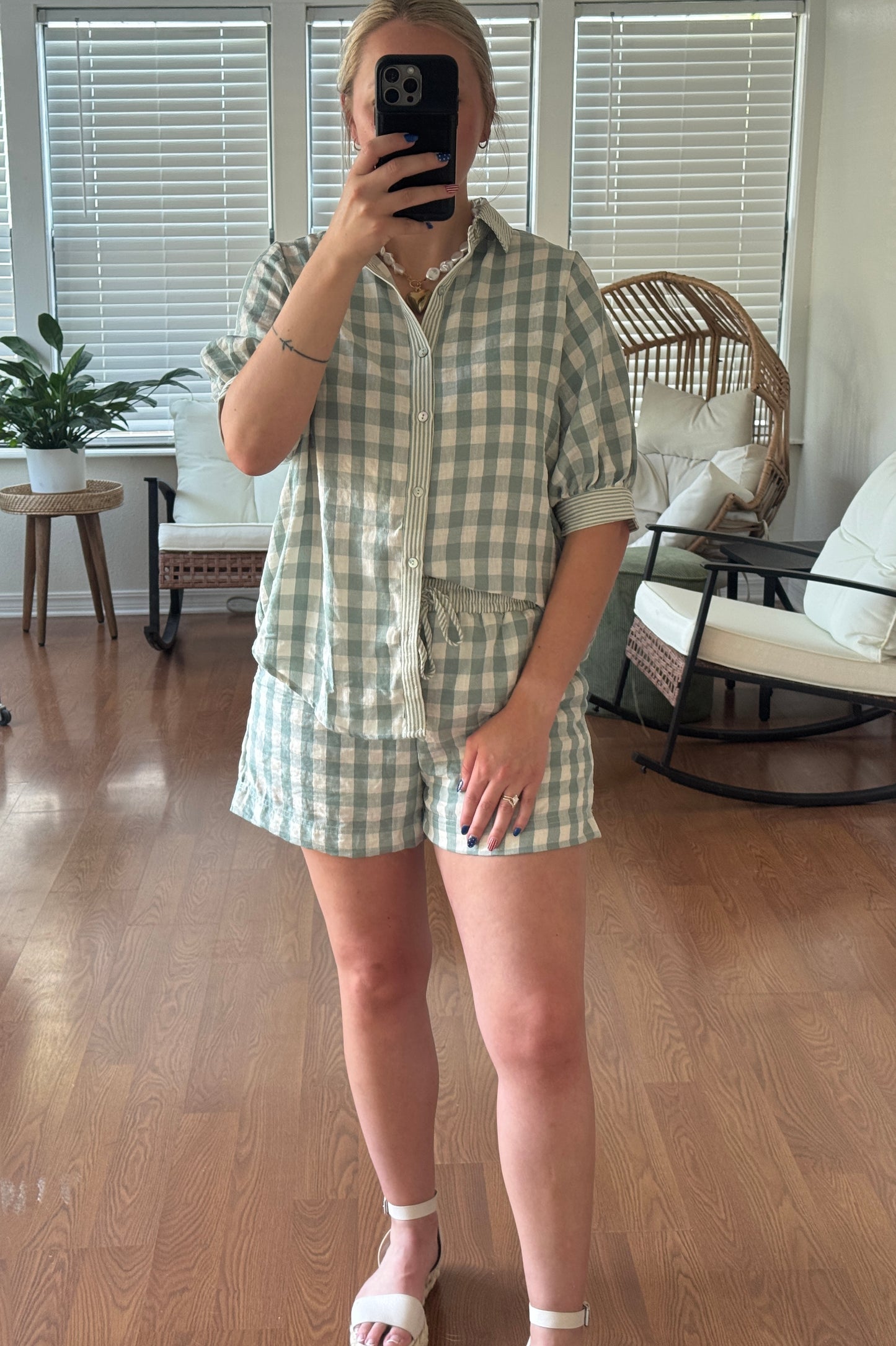 Checkered Blouse & Short Set - Sage