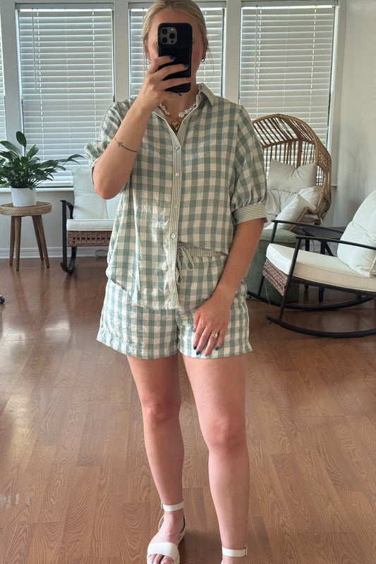 Checkered Blouse & Short Set - Sage