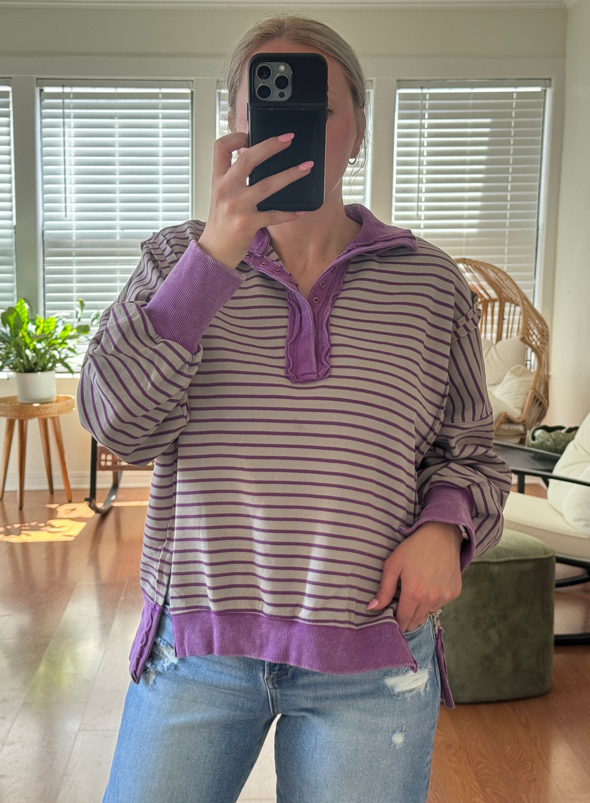 Striped Mineral Wash Button Pullover - Purple