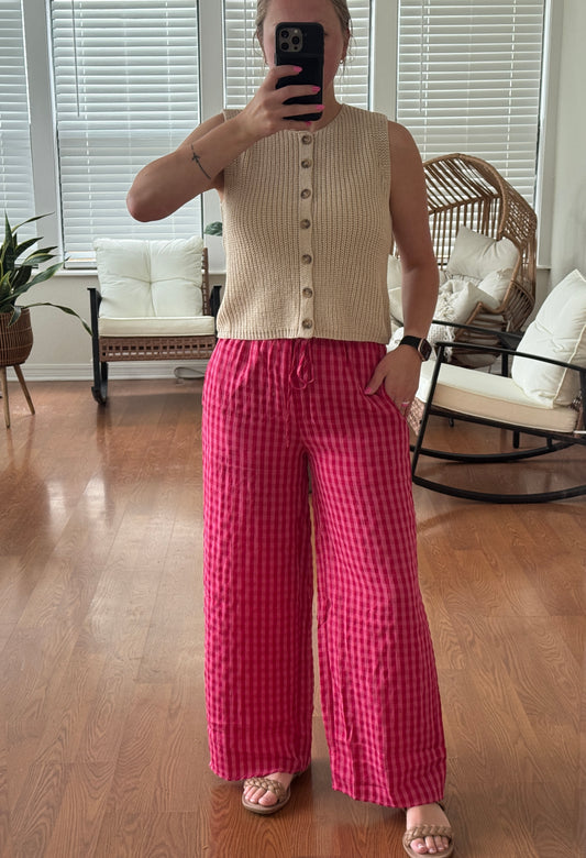 Gingham Print Drawstring Pants - Pink
